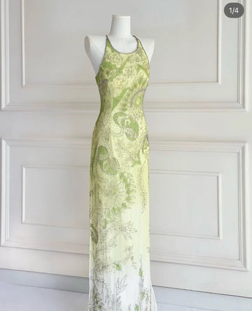Niulatu Green Sheath Long Prom Dresses Elegant Beaded Chiffon Formal Dress Sleeveless Round Neck Evening Dress HZ1031